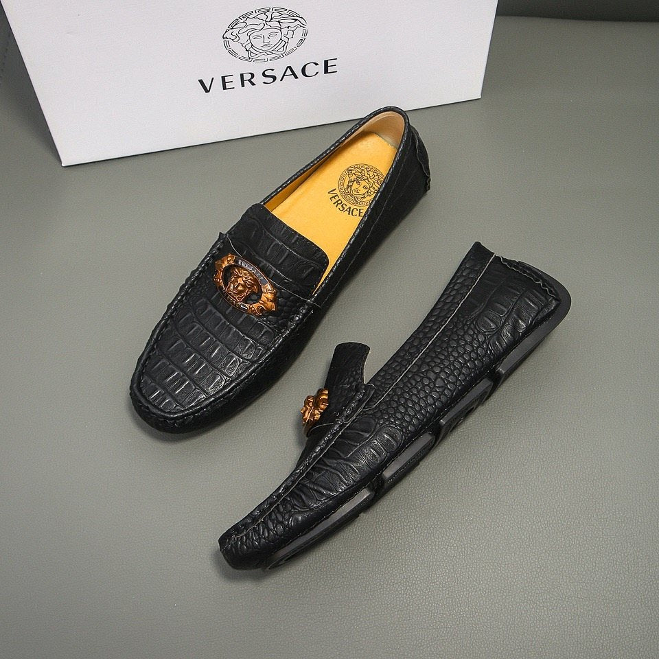 Men's Black Textured Loafers with Gold-Tone Ornament