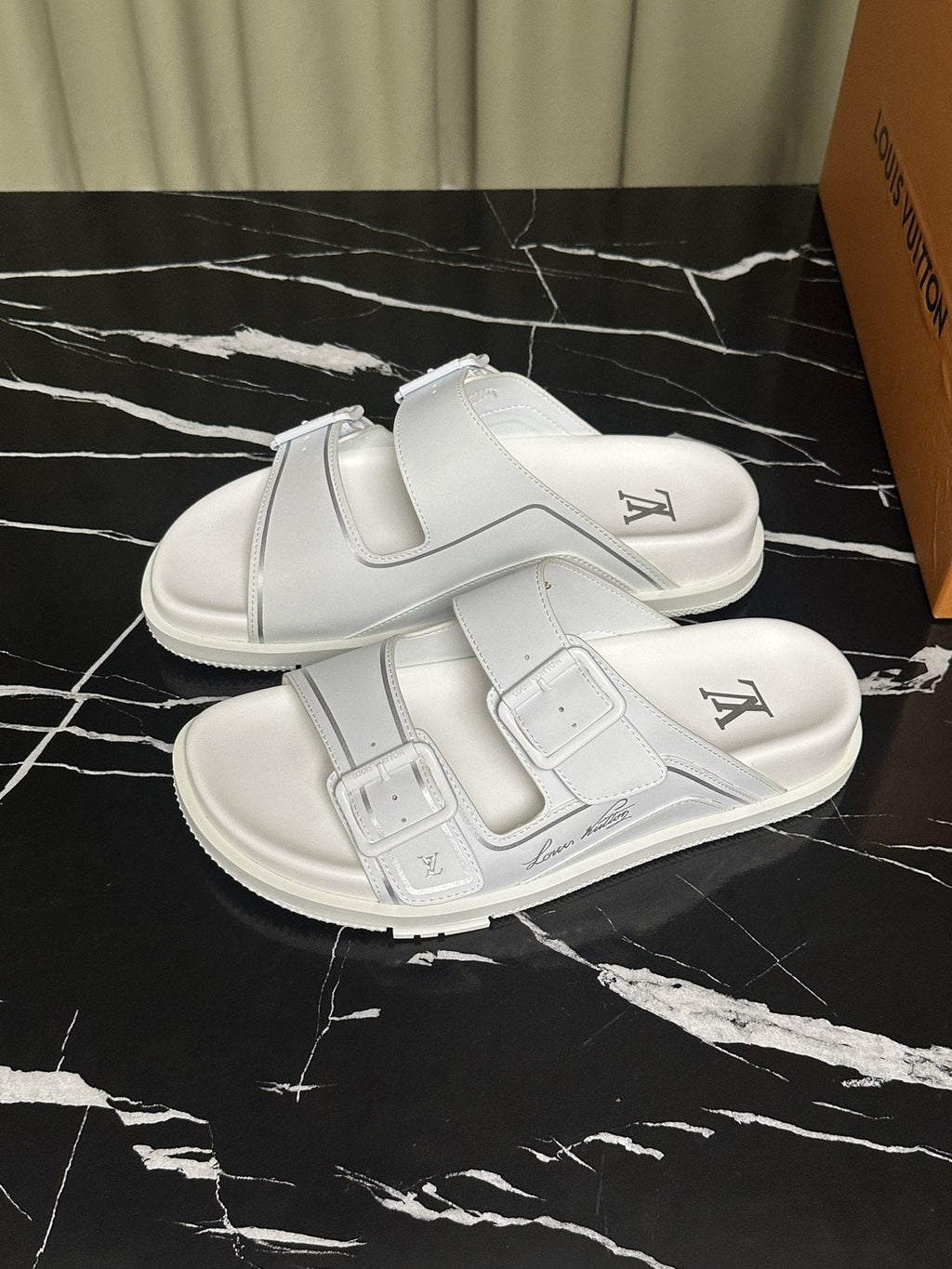 Louis Vuitton Men's White Double-Buckle Slide Sandals